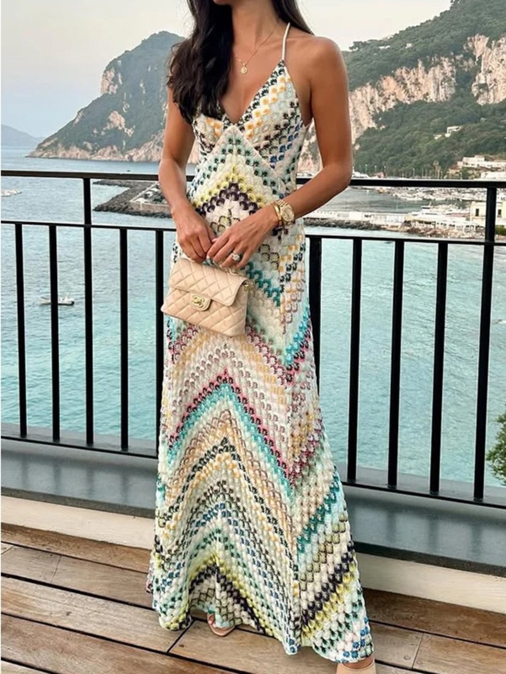 Multicolor Chevron Crochet Maxi Dress - Lightweight Summer Slip Dress